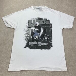 Vintage Oakland Raiders T Shirt Mens L White Charles Woodson NFL Graphic Tee